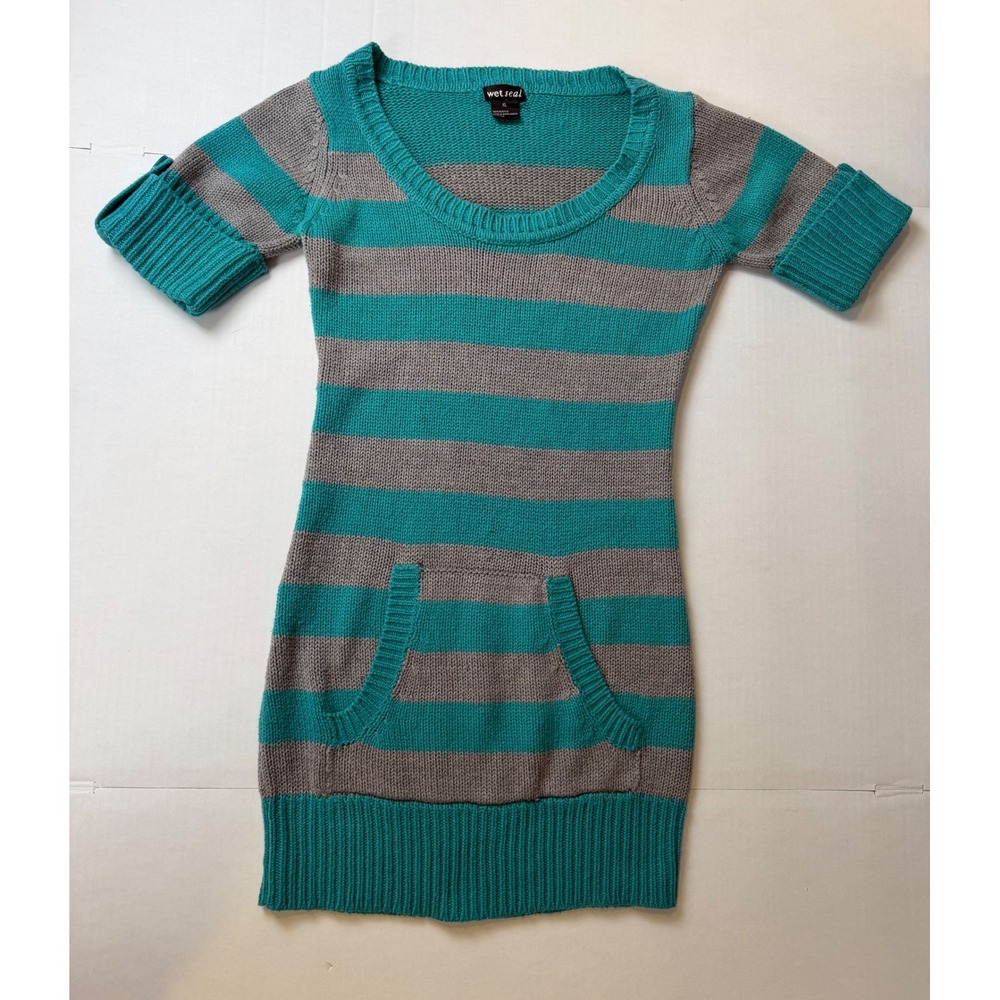 Wet Seal Teal Gray Striped Short Sleeve Sweater Tunic Mini Dress XL